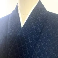 5k1937 着物　毛　夏物　薄物　サマーウール　紬　絣　紺　青　白　柄物　和装