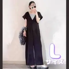 サロペット オールインワン レディース ワイドパンツ Vネック 体型カバー L