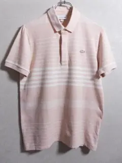 【ケア済】ラコステ 麻混 ボーダー ポロシャツ ピンク S コロンビア製