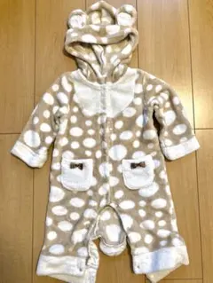 ベージュ クマ耳 フリースロンパース 80cm