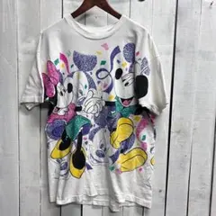 XL 90s ミッキー ミニー 総柄 Tシャツ USA製 ディズニー 白 古着