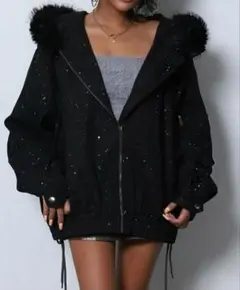 BLACKQUEEN ラメ入りファーブルゾン　ブラッククイーン