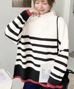 ニット 6G配色ボーダーハイネックニットプルオーバー レディース