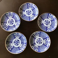 美品　陶器　年代物　印判　銘々皿　牡丹の絵柄が素敵な　濃い藍色　古道具　5枚
