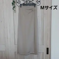 ベージュ タイトロングスカート パールボタン付き　巻きスカート風