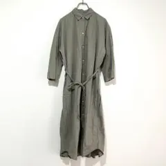 n1304【ジーユー】ロングシャツワンピース XL カーキ リネン混 ベルト付