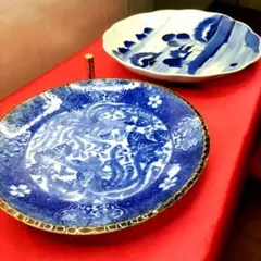 有田焼　伊万里焼　古伊万里　イゲ皿　山水画　8寸皿9寸皿　2客　大皿　盛り皿