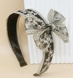 【ラスト1点】ブラック×シルバー レースリボンカチューシャ＆取り外しリボンセット