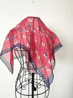 ハナエモリ HANAE MORI スカーフ蝶 バタフライ柄レッド シルク100%のサムネイル