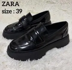 ZARA ボリュームソールローファー エナメル 厚底 ブラック39