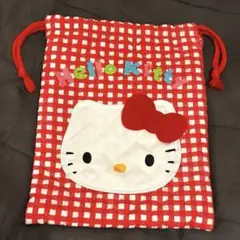 D76 美品　ハローキティ チェック柄ポーチ　巾着　平成レトロ　1996