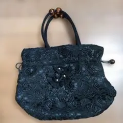 レース ハンドバッグ 黒 花モチーフ