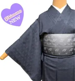 《10K113》小紋 着物 黒みの青グレー 一つ紋 正絹 対象身長～156cm