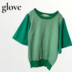 グローブ 半袖ニット セーター 袖素材切替 グリーン 千鳥柄 【M】 大人可愛い