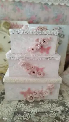 薔薇いっぱい♬パウダーピンクデコレーションボックス3段セット　トールペイント
