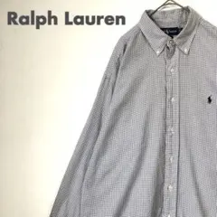 2157 90s ラルフローレン BD シャツ　刺繍　ロゴ　チェック　白　紺