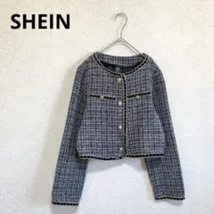 SHEIN ツイードノーカラージャケット ショート丈 金ボタン ブラック S