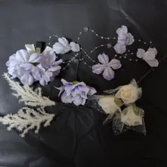 紫と白の花飾りセット 5本 ハンドメイド