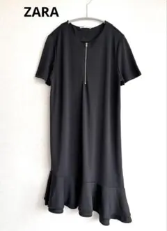 ZARA ザラ　フリル ワンピース ジップ アシンメトリー 半袖　ブラック