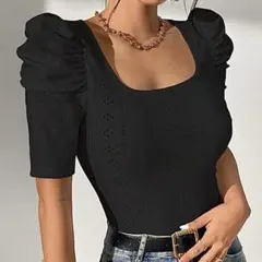 黒 パフスリーブ 透かし　Tシャツ
