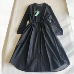 【未使用・タグ付き】ブラックデニムシャツワンピース ロング 長袖 黒 コットン