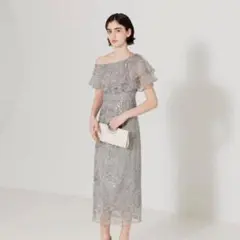 LEJA フリルオフショルダースパンコール　ラインドレスMグレー