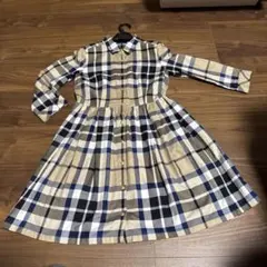 チェック柄長袖ひざ丈ワンピース ベルト付き