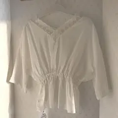 新品 ウエスト絞り 楊柳 スカラップレースペプラムブラウス トップス