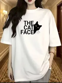 猫Tシャツ THE CAT FACE 白 Lサイズ 半袖 ゆったり 男女兼用