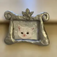 ミニ絵画　アクリル画　冬と猫の絵　原画