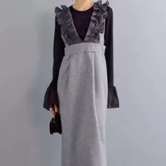 異素材フリルショルダージャンスカ グレー　ワンピース　秋冬　レディース