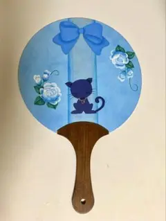 トールペイント　猫と薔薇のうちわ　ハンドメイド