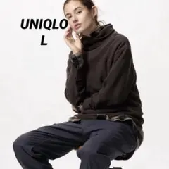 【美品】UNIQLOソフトニットフリースリ ブハイネックTシャツブラウンL