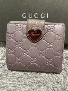 GUCCI グッチ 二つ折り財布 ラブリーハート シマレザー パープル