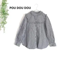 プードゥドゥ　スクエアヨークフリル長袖ブラウス　チェック柄　フェミニン　M