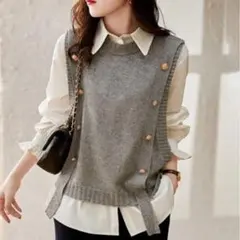 ニットベスト レディース トップス ノースリーブ セーター ボタン付 グレー