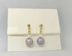 ハンドメイド春色ノンホールイヤリング(紫ビーズ・ゴールド)
