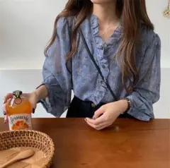 在庫処分　レディース フリル L シフォンブラウス 青 シャツ 気品 上品 花柄