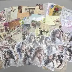 コラージュ素材　背景紙・女の子・本　ヴィンテージ・ボタニカル