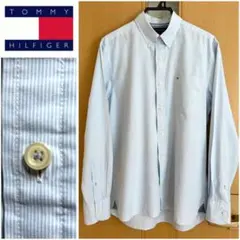 トミーヒルフィガー　長袖コットンBDシャツ　水色マイクロストライプ　ロゴ刺繍M