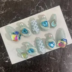 ライトブルージュエリーネイル　韓国風ネイル　ビジューネイル　バレエコアネイル