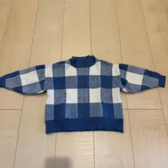 韓国子供服　ニット　セーター　チェック柄　ブルー　80