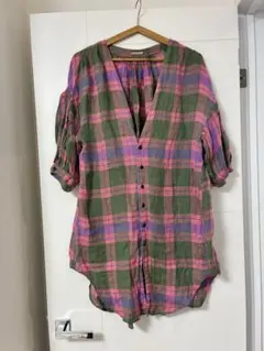 kapital チェック柄バルーンスリーブ五分袖シャツ　チュニック　ピンク　緑