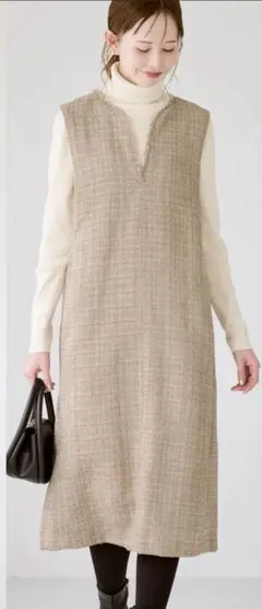 ロペピクニック　キーネックツイードジャンパーワンピース　ベージュ　MT