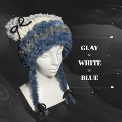 猫耳ニット帽 (グレー×ホワイト×ブルー)y2k 韓国 リボン 最終値下げ