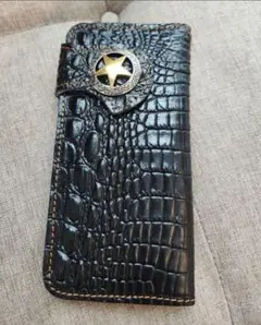 バイカーズウォレット 本革 牛革 クロコ 型押し 黒 財布 レザー コンチョ