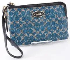 COACH コーチ ポーチ レザー 革 ブルー 青 プレート ロゴ ストラップ付