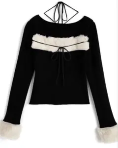 GRL ファーホルターネックリボンニットトップス （ru1387） ブラック