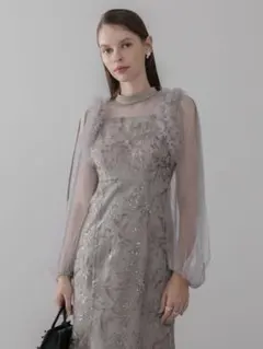 フラワースパンコールチュールフリルロングスリーブマーメイドワンピースドレス結婚式