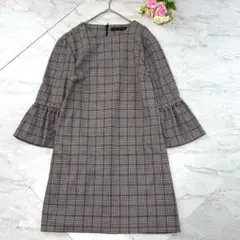 ザラ グレンチェック七分袖チュニックワンピース フレア袖グレーMミニワンピ抜け感のサムネイル